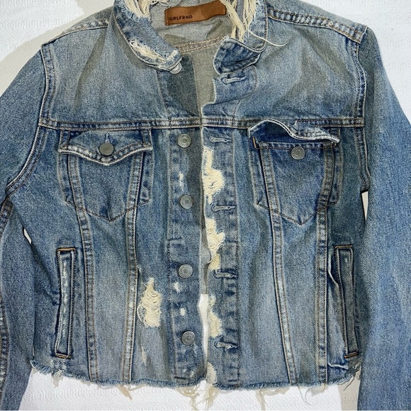 GRLFRND Cara Blue Denim Jacket Size XS Distressed USA Designer Raw Hem - Picture 5 of 10